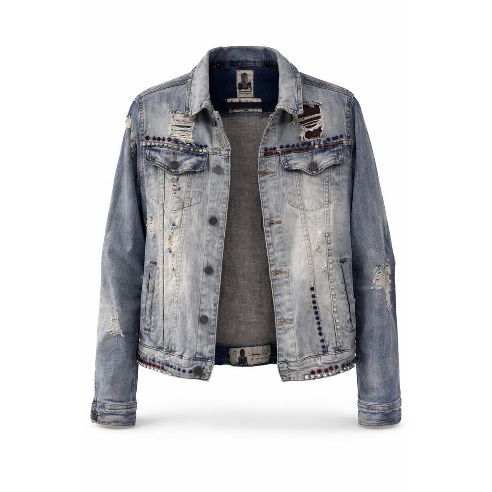 Statement Industrial Indigo Distressed Studded Denim Jacket Medium Vintage Y2K